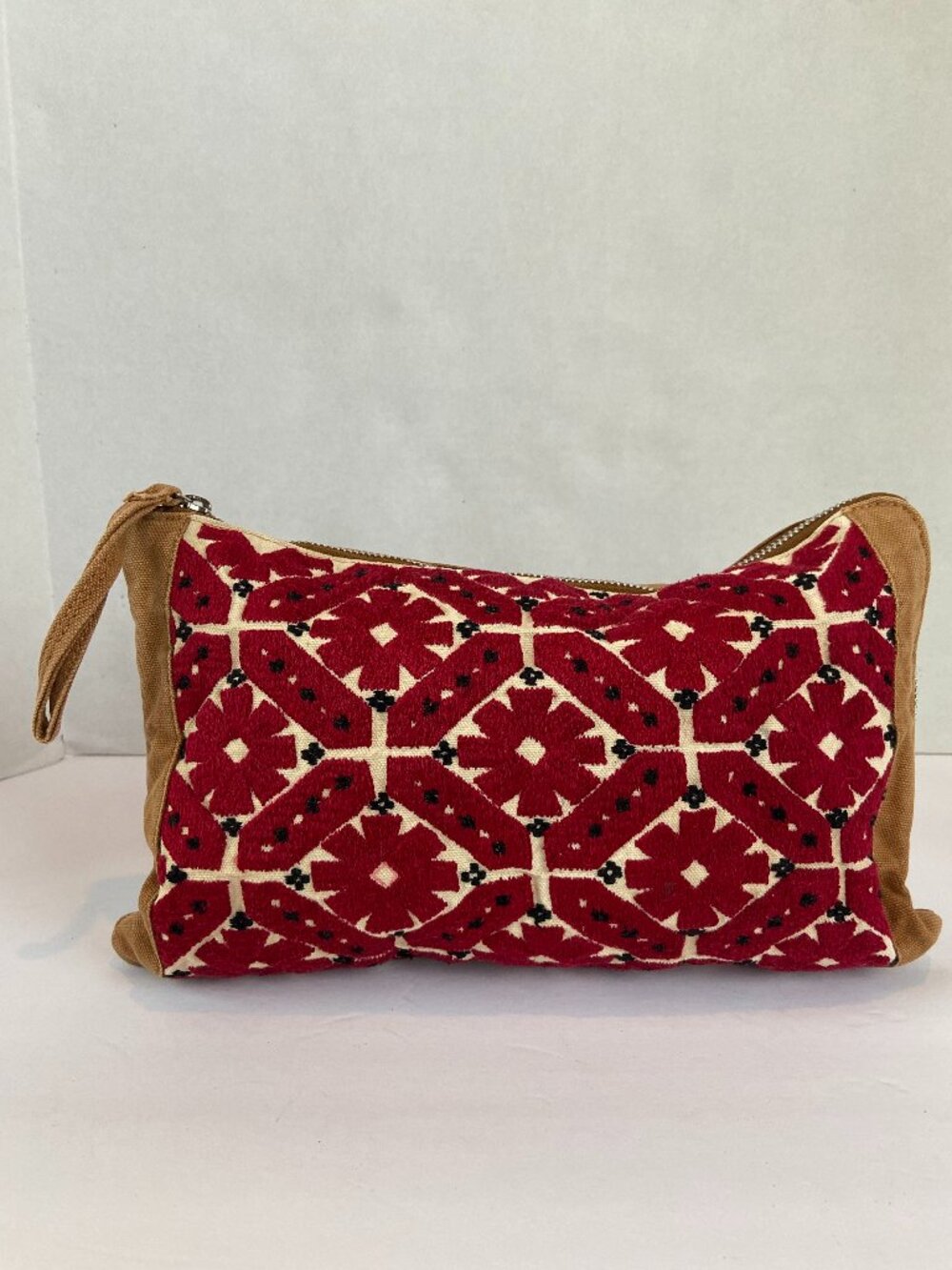 Vintage Claudie Pierlot Canvas and Red Boucle Zipper Clutch 12x8"